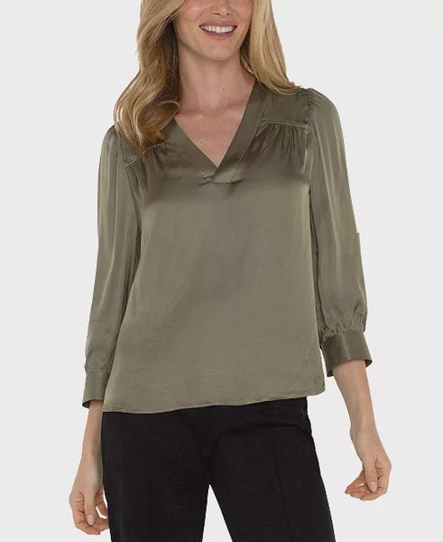 Long Sleeve Pleated Neck Blouse