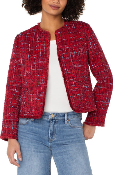 Collarless Jacket with Frayed Edges