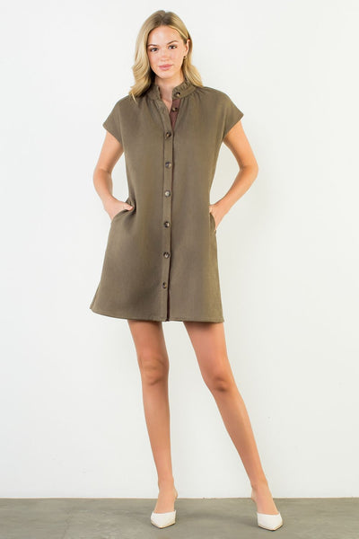 Button Front Ruffle Collar Suede Dress