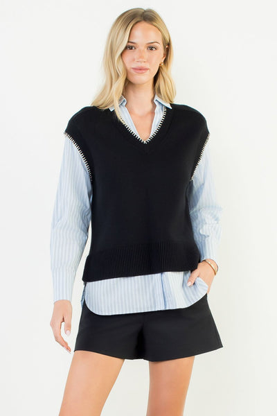 V-Neck Mixed Media Layering Top