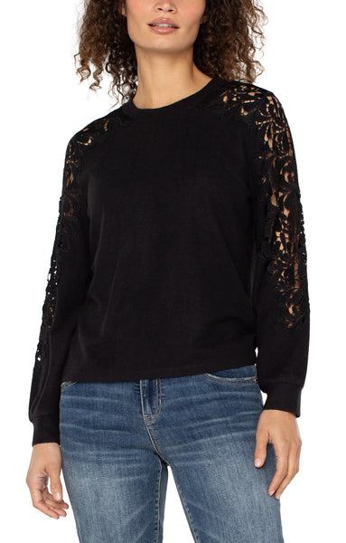 Crew Neck Lace Inset Knit Top