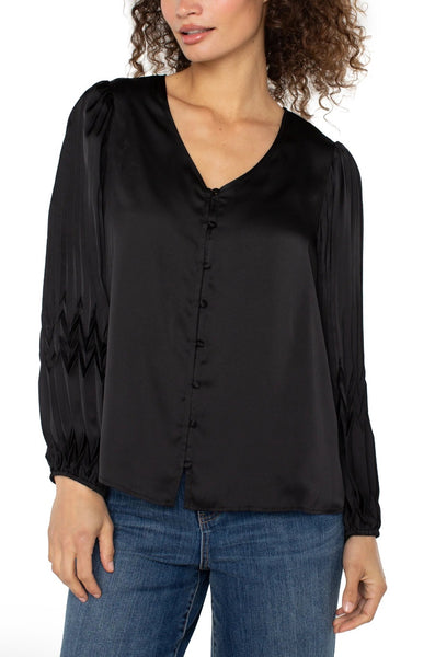 V Neck Pleated Detail Woven Top