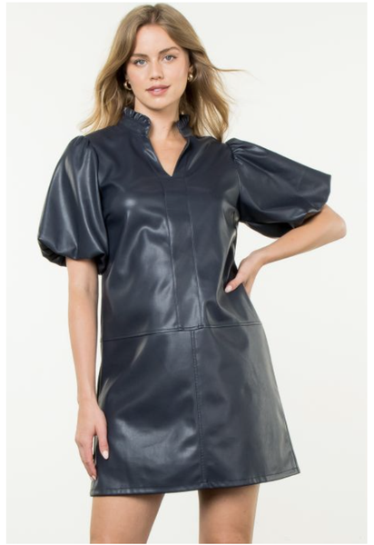 Puff Sleeve Collar Leather Dress